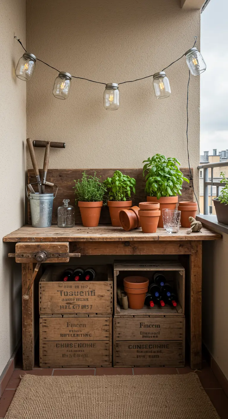 Vintage werkbank met potplanten, gereedschap en houten kratten op een balkon.