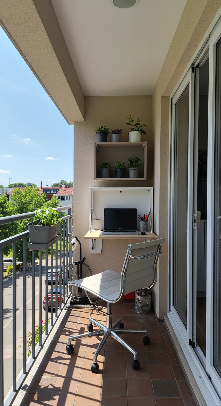 Smal balkon als thuiswerkplek met opklapbureau en bureaustoel.