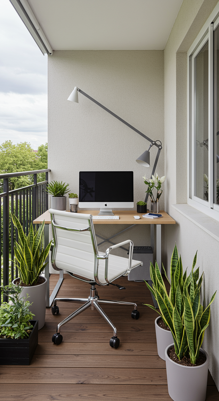 Balkon ingericht als thuiskantoor met bureau, bureaustoel, computer en planten.