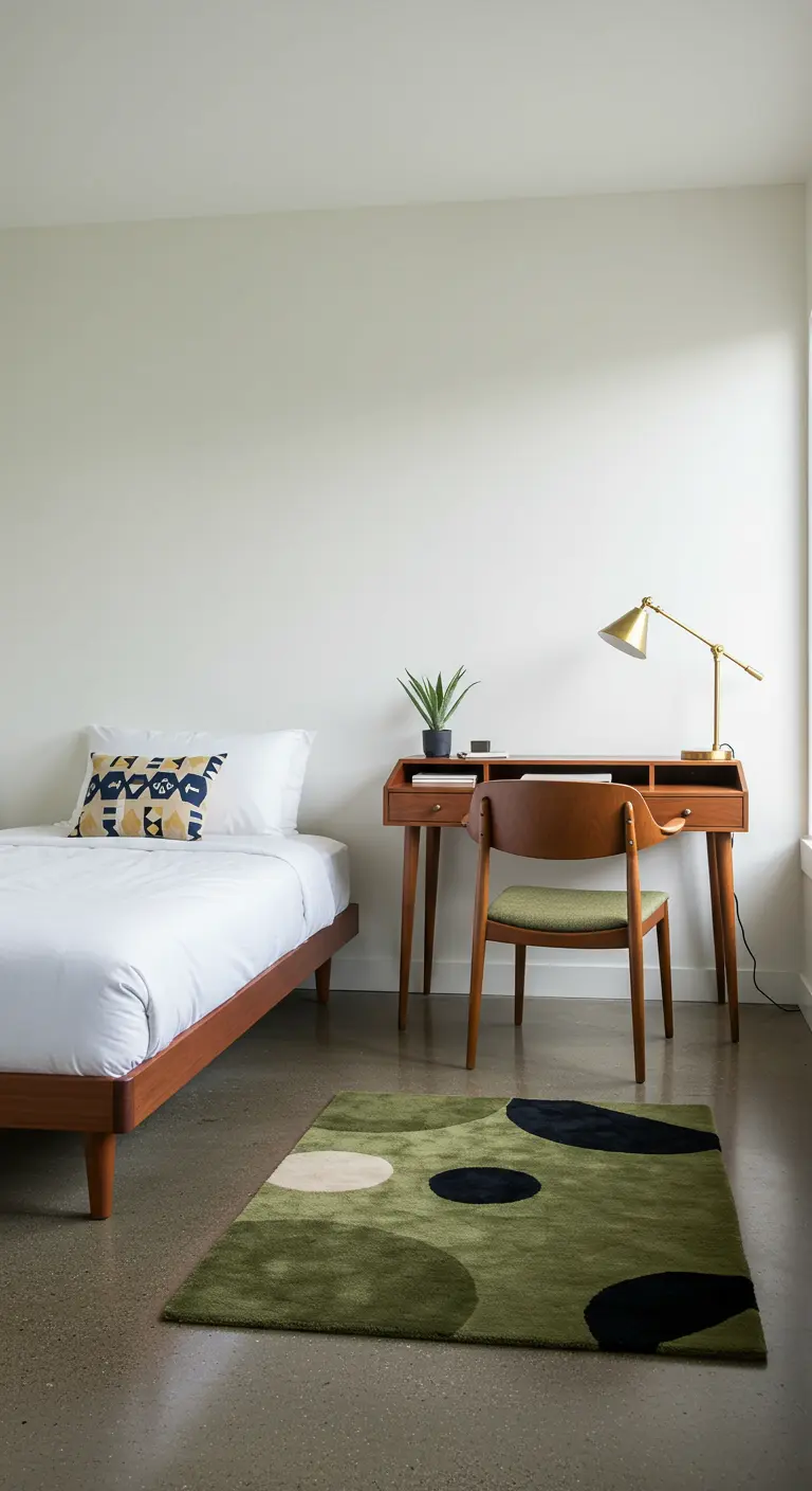 Kleine slaapkamer met walnoothouten bureau, groene stoel en vloerkleed met groene en zwarte cirkels.