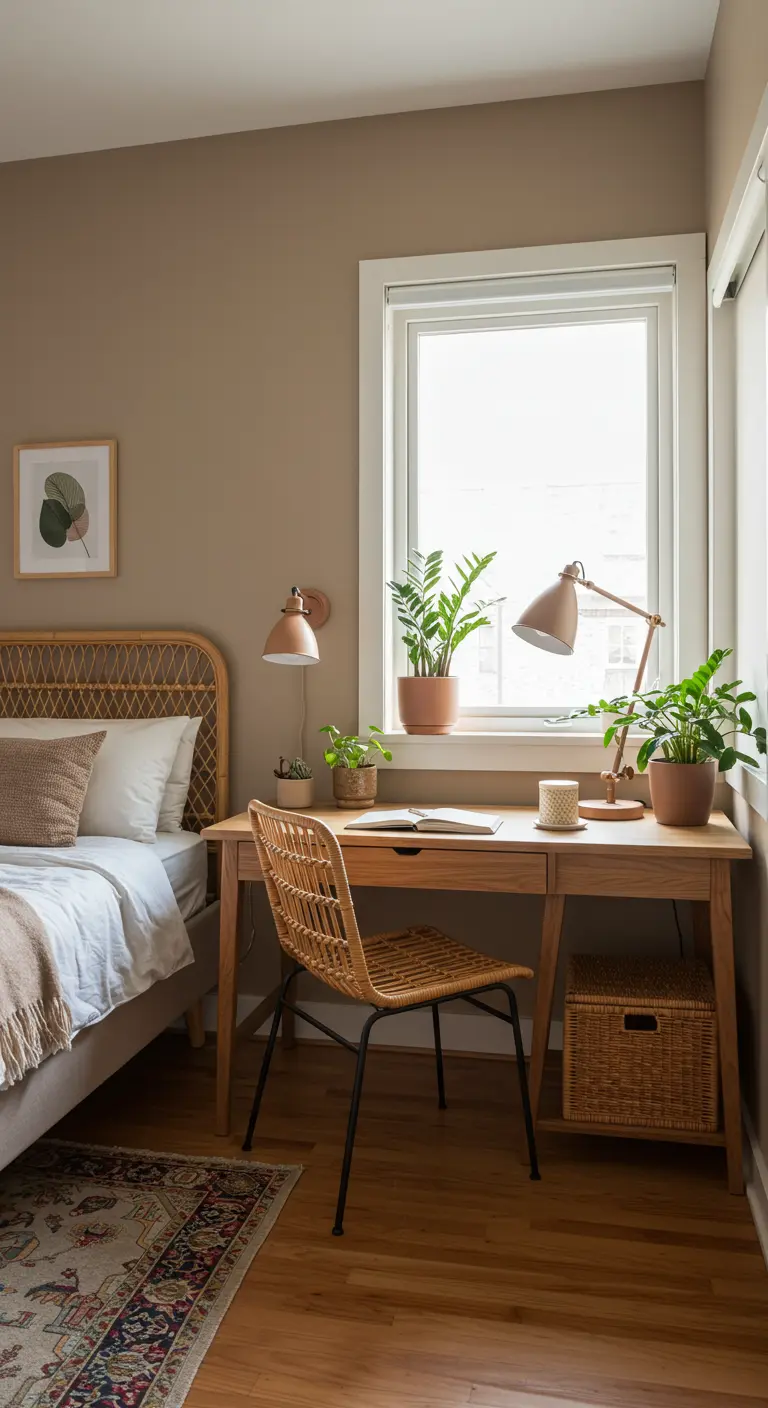 Slaapkamer met klein houten bureau, rotan stoel en planten op de vensterbank.