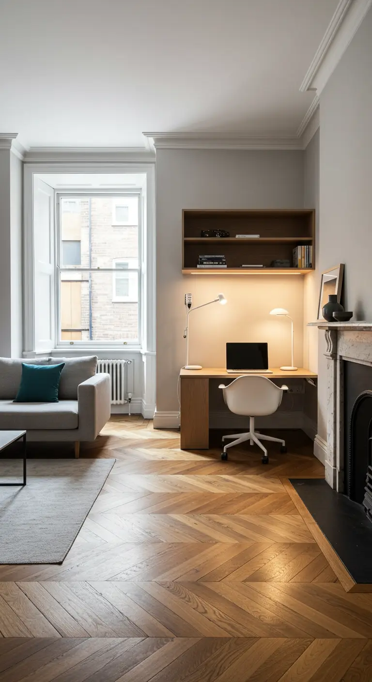 Geïntegreerde thuiswerkplek in een nis in de woonkamer, met houten bureau.