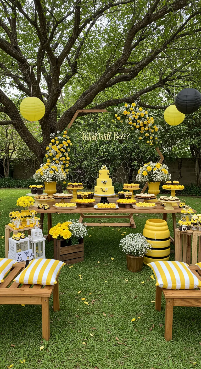 Gender reveal met bijenthema, gele en zwarte decoraties, sweet table in tuin.