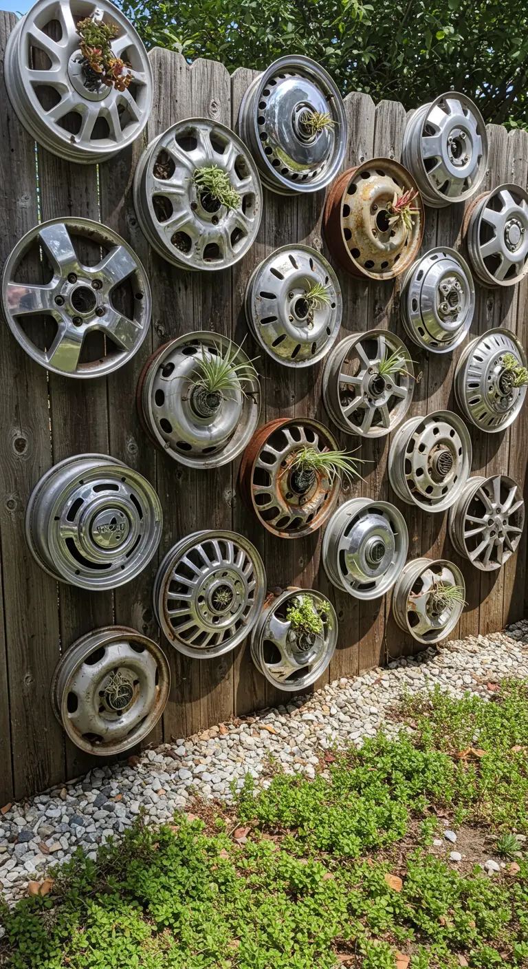 Houten schutting versierd met verschillende metalen wielkappen, elk met een kleine plant.