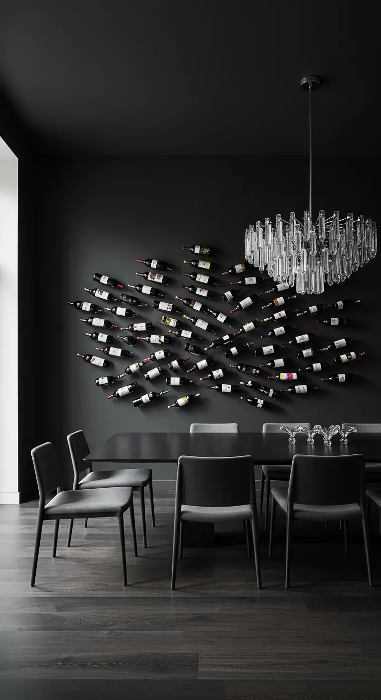 Donkere eetkamer met wijnflessen horizontaal gemonteerd aan de muur als decoratief element.
