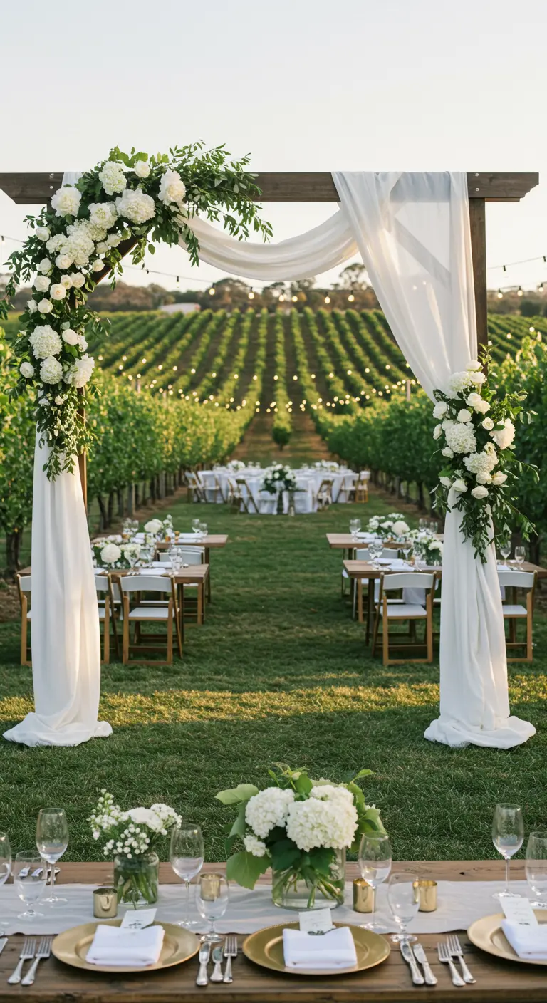 Trouwceremonie in een wijngaard met houten boog, witte bloemen en gedekte tafels.