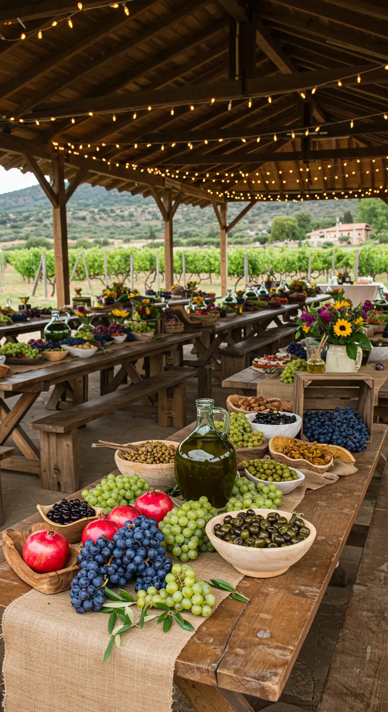 Buffettafel onder pergola in wijngaard met grote schalen vol druiven, granaatappels en olijfolie.