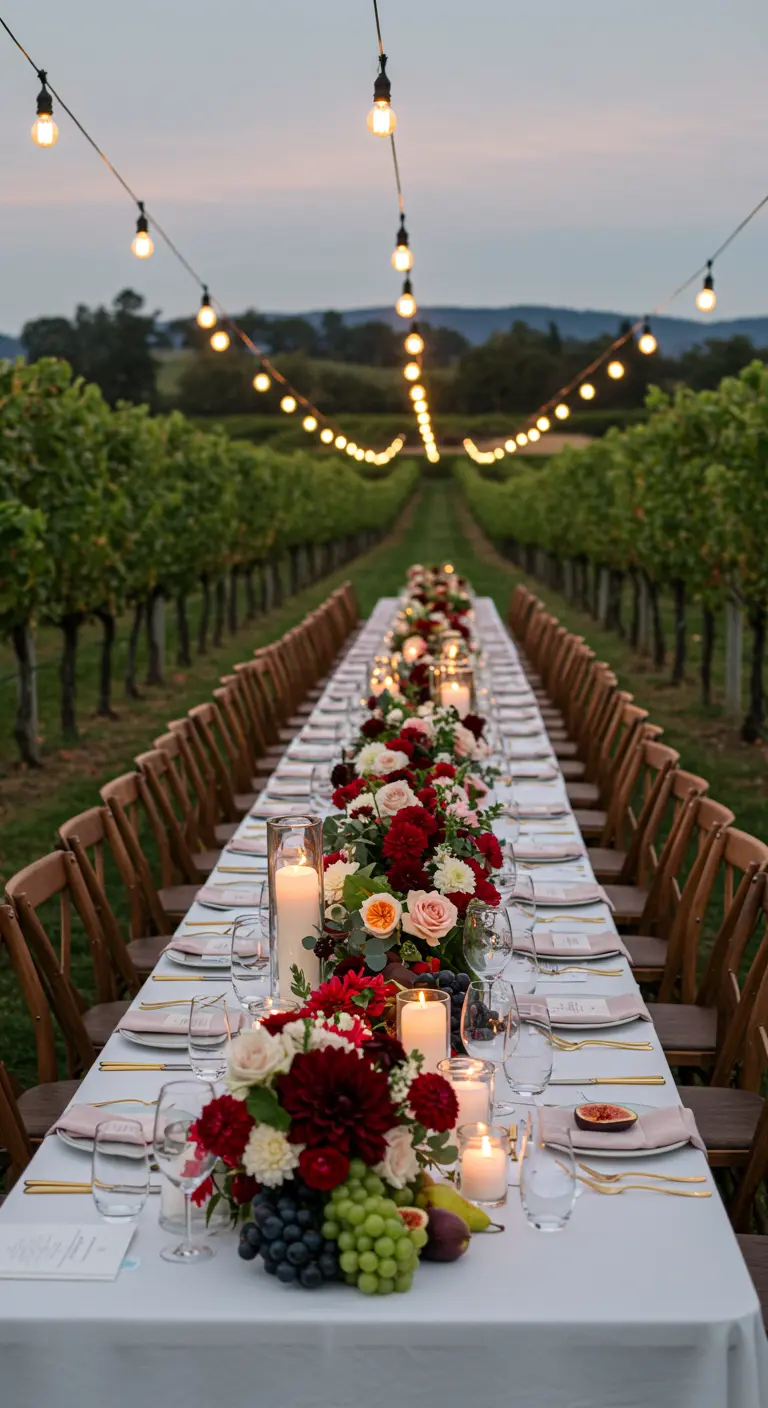 Lange dinertafel in wijngaard met bloemenslinger, fruit en kaarslicht onder lichtslingers.