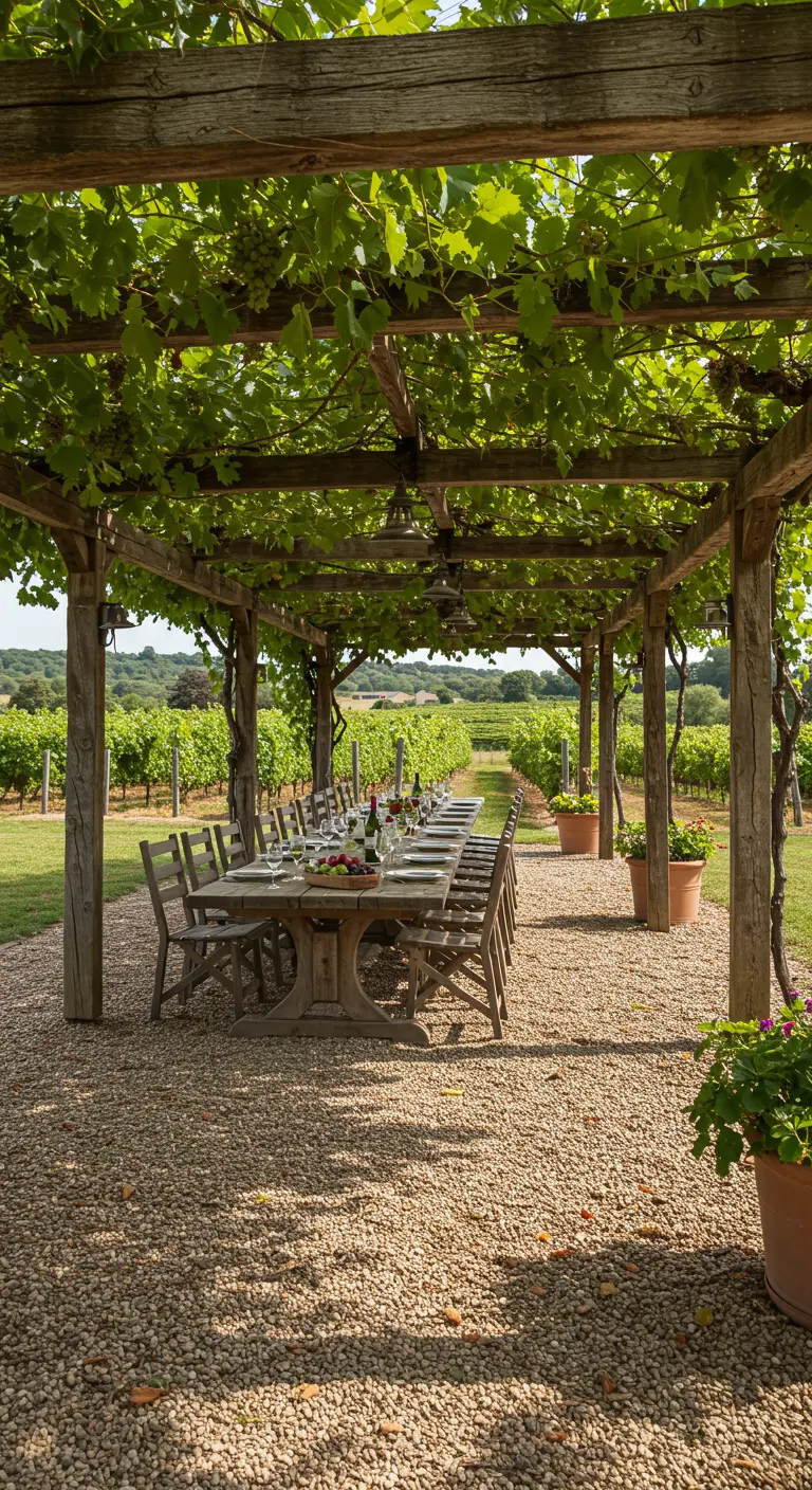Lange houten pergola begroeid met druivenranken boven een gedekte eettafel op grind.