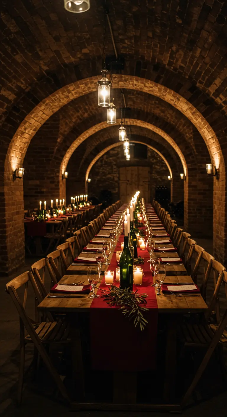 Lange dinertafel in bakstenen kelder met rode loper en veel kaarsen.