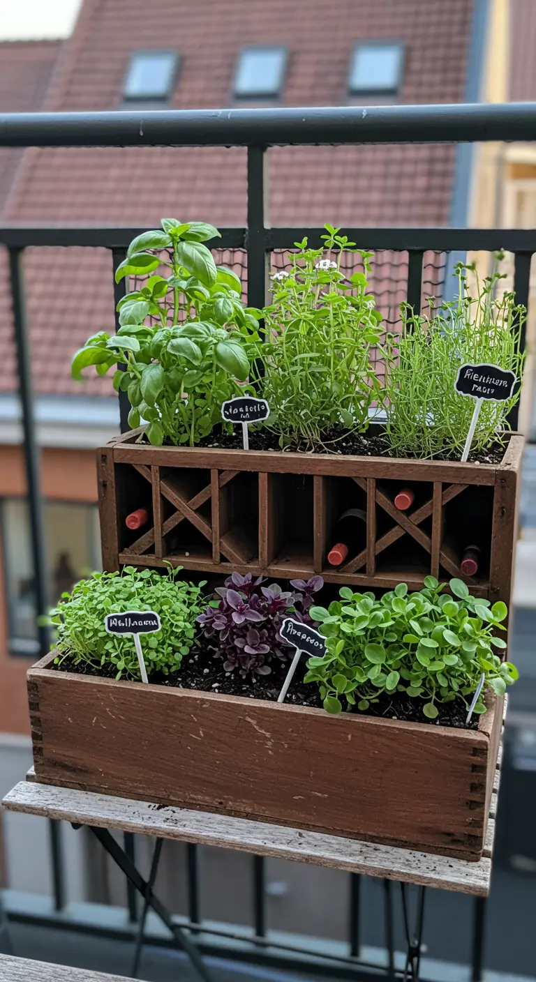 Houten wijnkist met vakken, gebruikt als plantenbak voor diverse kruiden op een balkontafel.