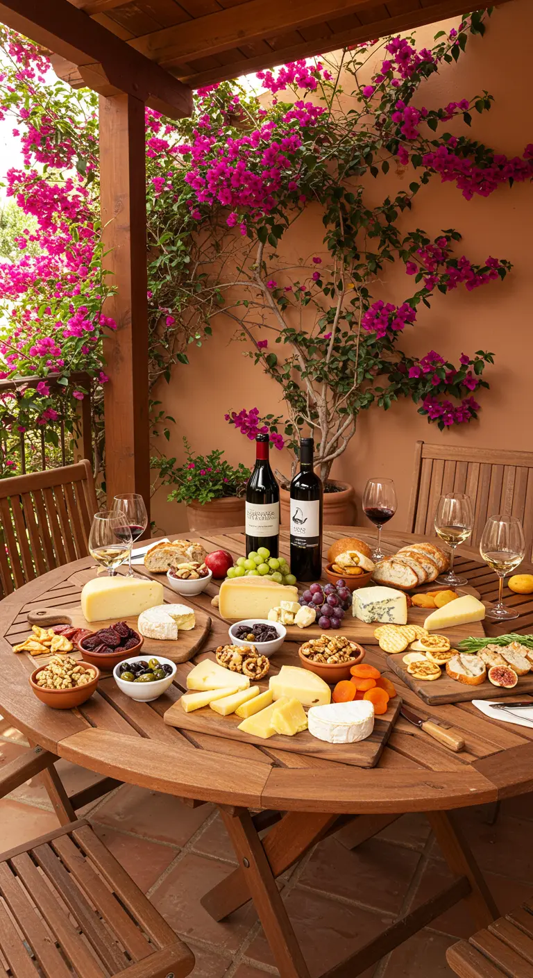 Ronde houten tafel met kaas, wijn, fruit onder een bloeiende bougainvillea.