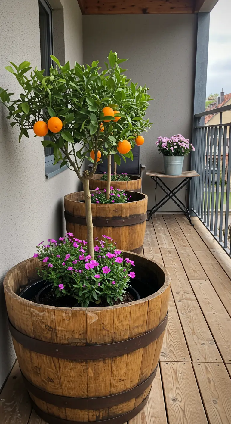 Houten wijnvaten gebruikt als plantenbakken met citrusboompjes en roze bloemen op houten balkon.