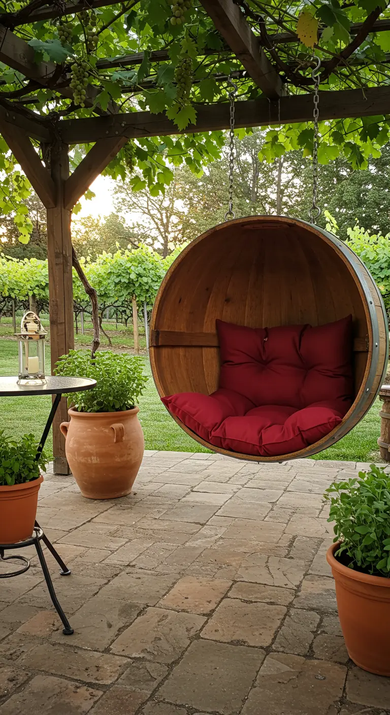 Hangstoel gemaakt van een half wijnvat met rode kussens, onder een pergola.