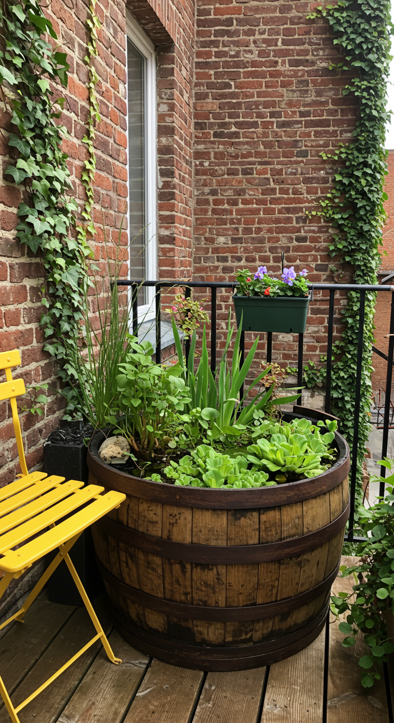 Houten wijnvat als minivijver met waterplanten op een balkon, naast een gele stoel.