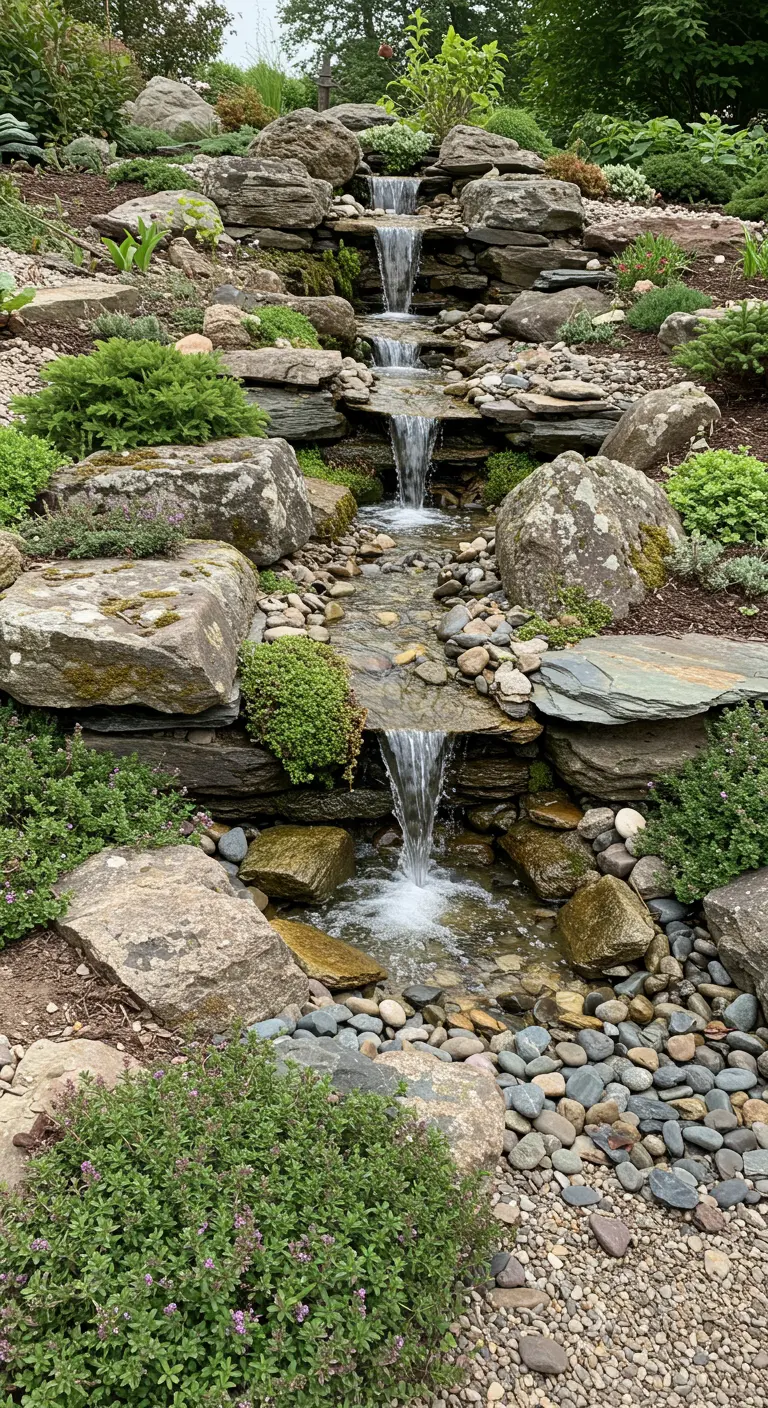 Natuurlijke mini-waterval over rotsen en keien in een tuin.
