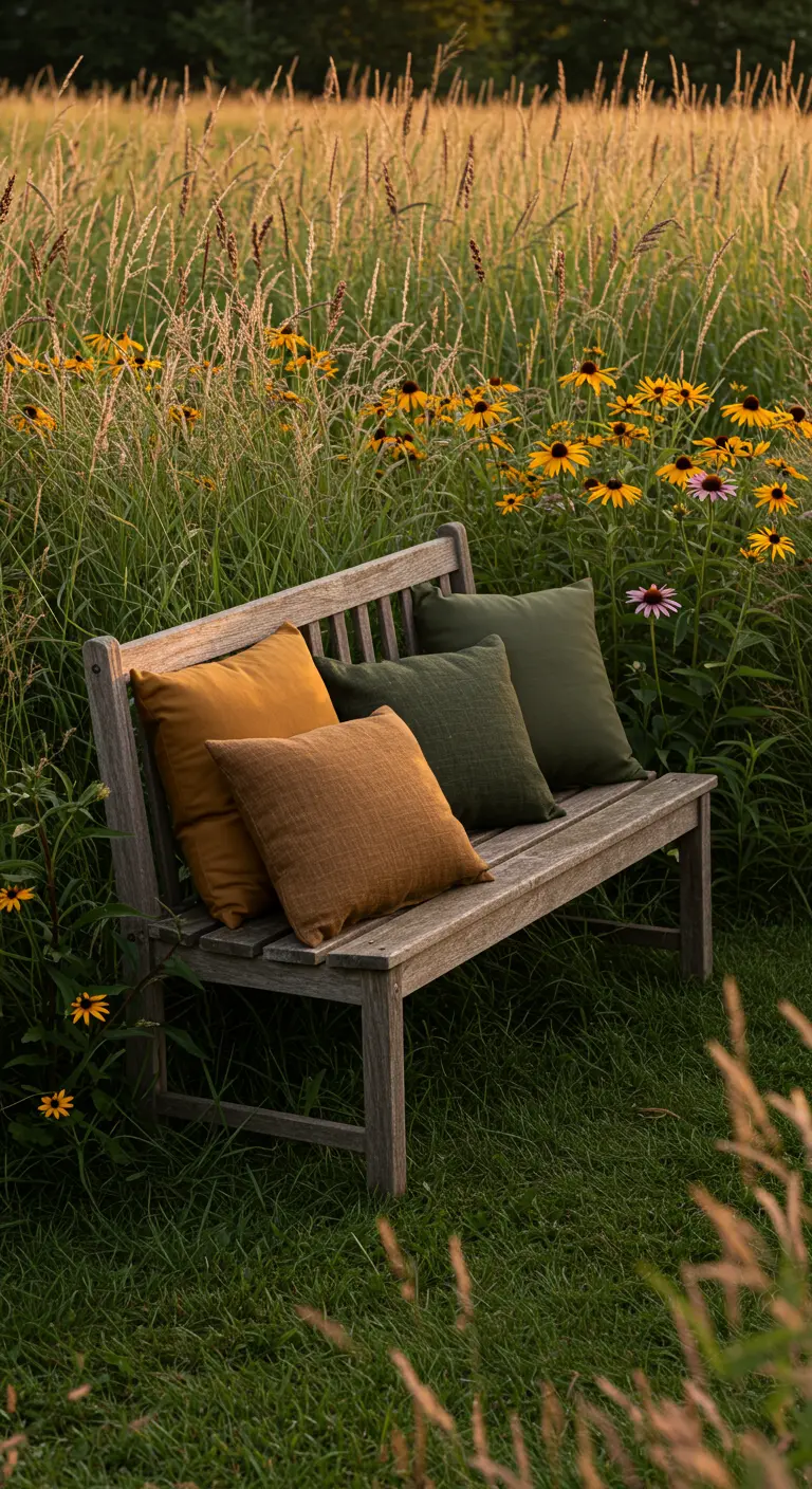 Houten bank met aardetint kussens in een bloemenweide.