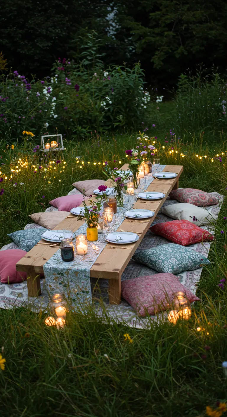 Lage picknicktafel in bloemenveld met kussens en lantaarns.