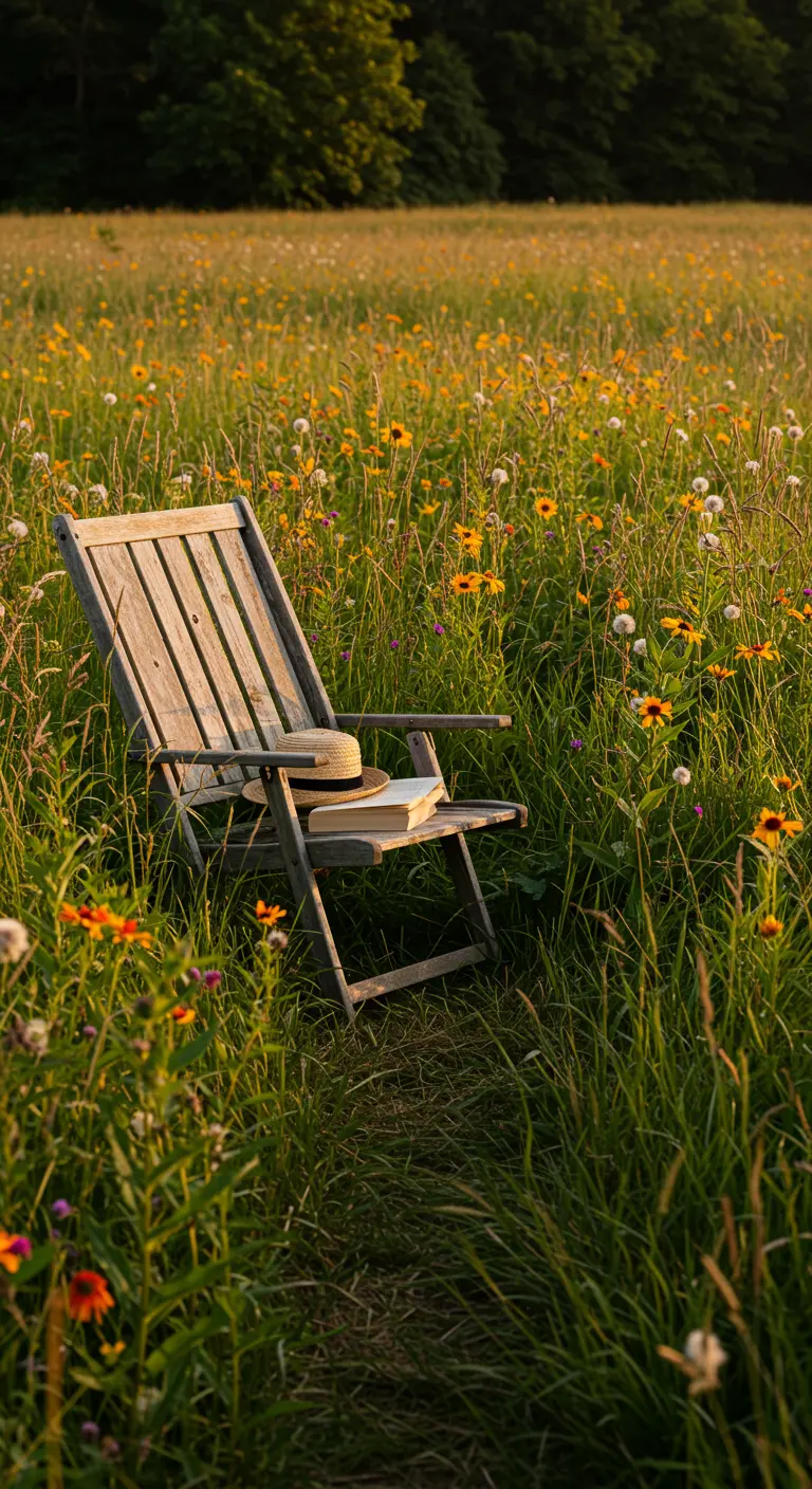 Houten klapstoel met boek en hoed in een veld vol wilde bloemen.