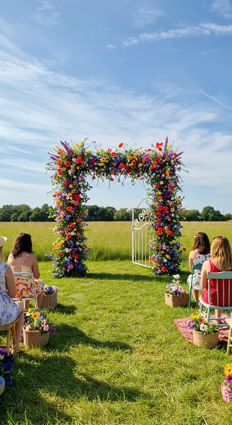 Kleurrijke bloemenboog met wilde veldbloemen en een wit hekje in een open veld.