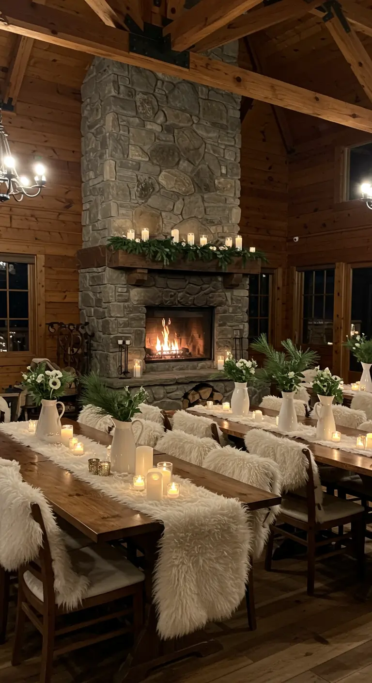Gezellige winterse setting met open haard, schapenvachtjes op stoelen en veel kaarsen.