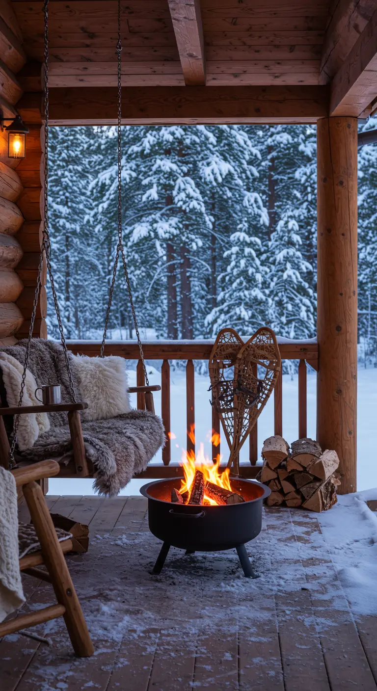 Besneeuwde veranda met houten schommelbank, vachtjes, vuurkorf en uitzicht op winterbos.