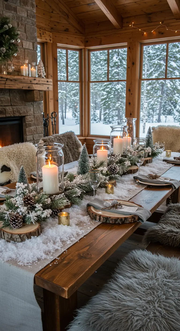 Houten tafel in winterse setting met faux sneeuw, dennentakken, kaarsen en kleine kerstbomen.