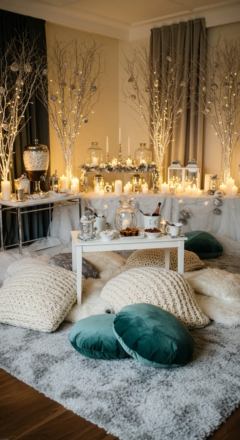 Winterse setting met witte takken, lichtjes, zilveren ballen en veel zachte kussens.