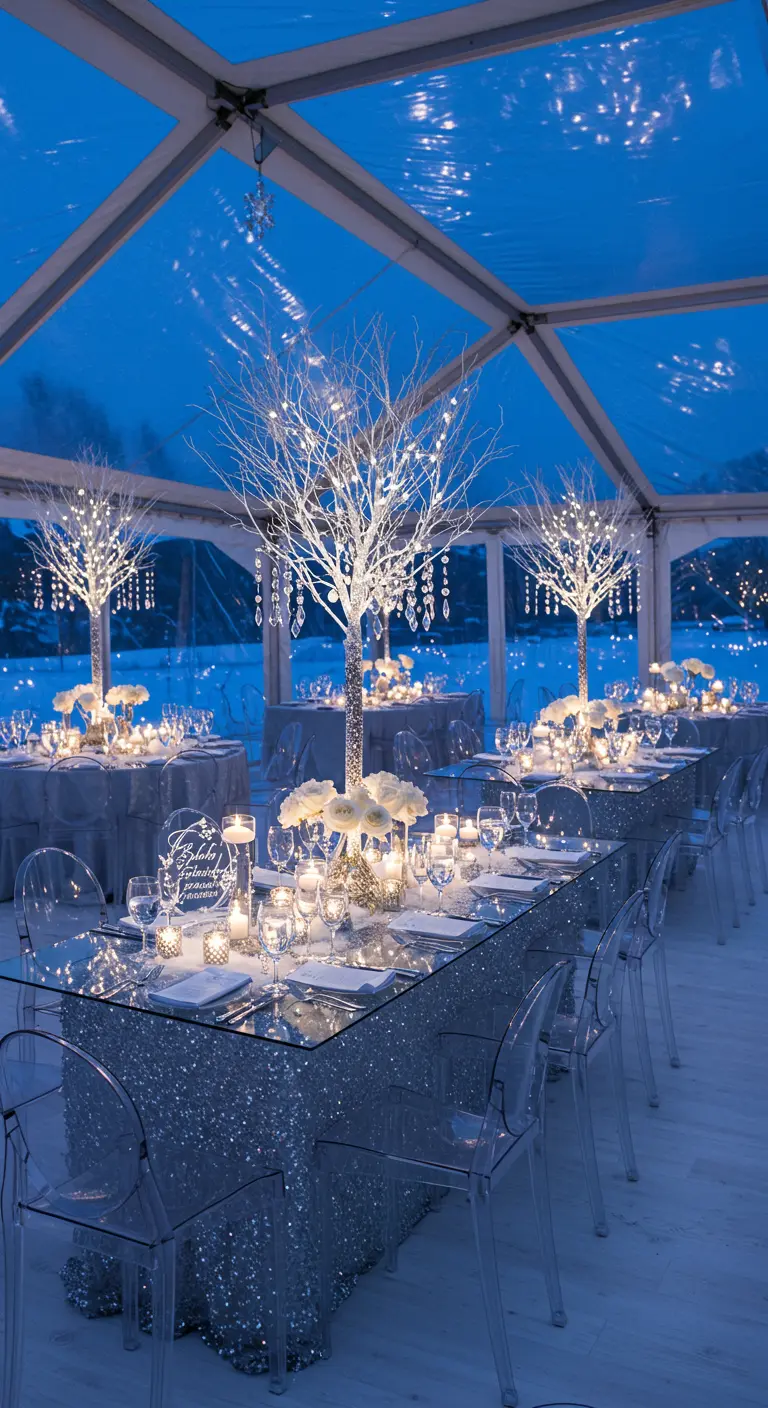 Winter wonderland trouwreceptie in transparante tent met verlichte bomen en zilveren decor.