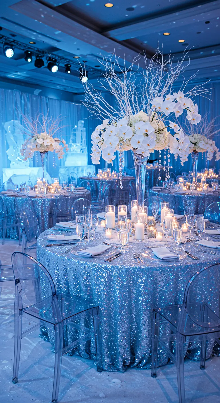 Winterse tafelschikking met zilveren pailletten tafelkleed, witte bloemen en blauw licht.
