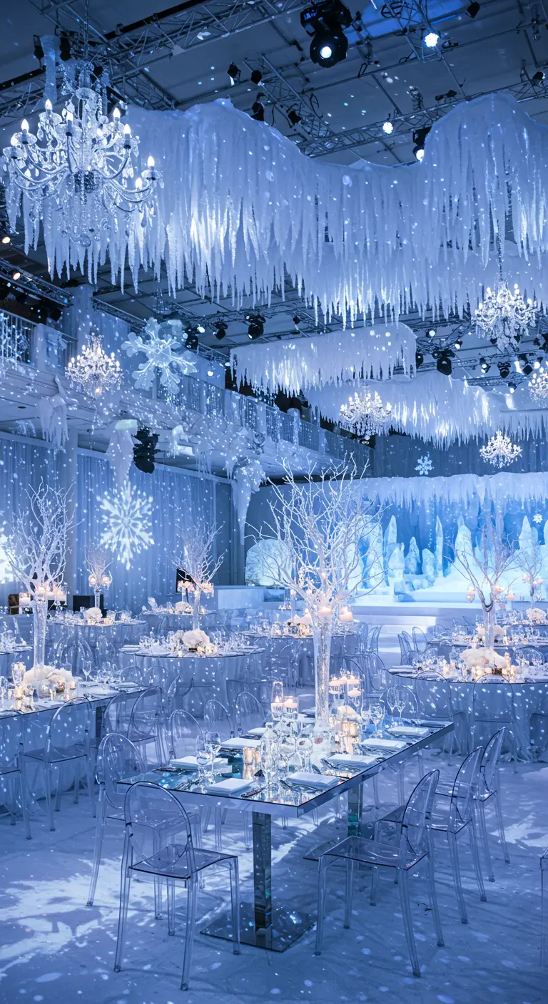 Winterthema feestzaal met ijsblauwe verlichting, plexiglas meubilair en hangende ijspegeldecoratie.