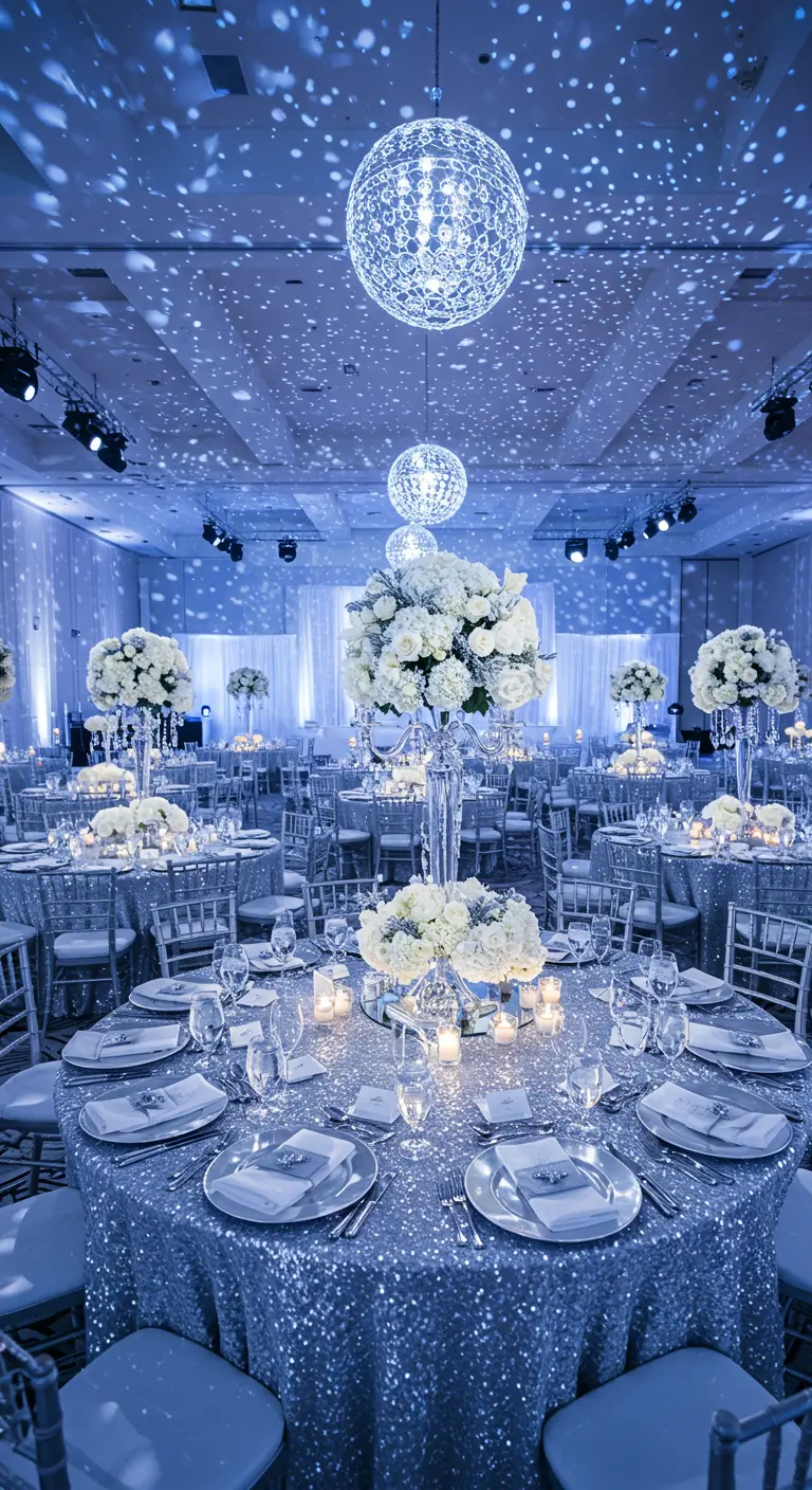 Elegante winterbruiloft met zilveren glittertafels, witte bloemen en blauwe verlichting.
