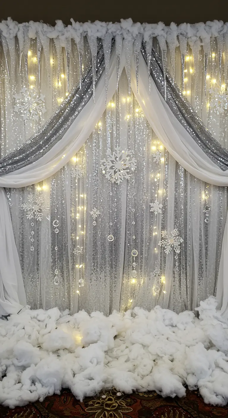 Winter wonderland backdrop met zilveren pailletten, witte doeken, ijspegels, sneeuwvlokken en lichtjes.