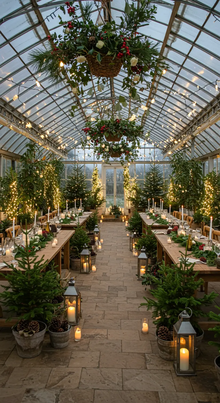 Kas gedecoreerd voor een winterbruiloft met kerstbomen, dennentakken en veel kaarslicht.