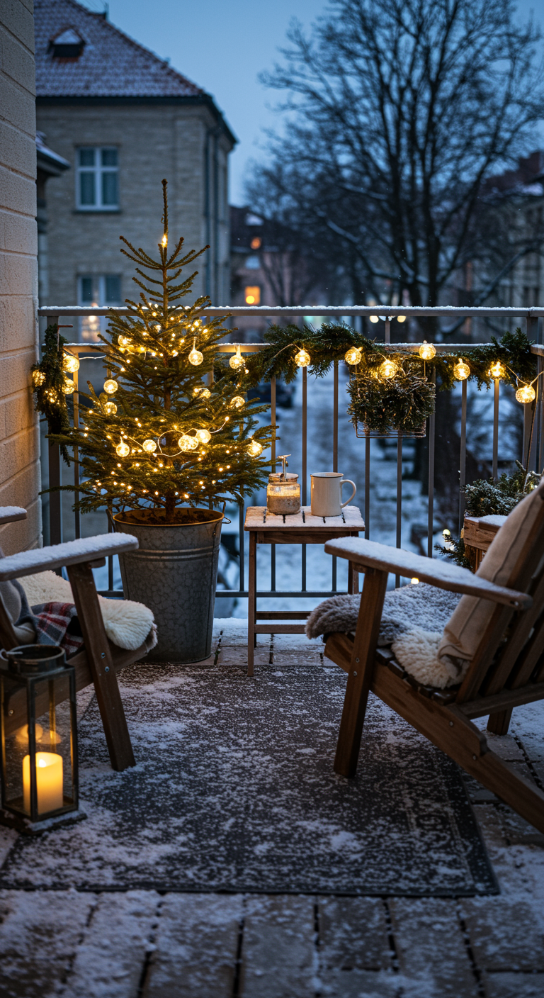 Besneeuwd balkon met een kleine kerstboom met lichtjes, houten stoelen met vachtjes.