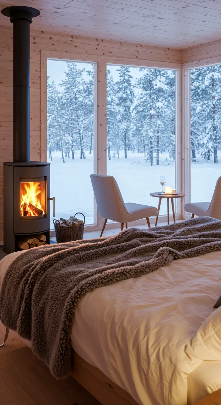 Scandinavische slaapkamer met houtkachel en uitzicht op een winters bos.