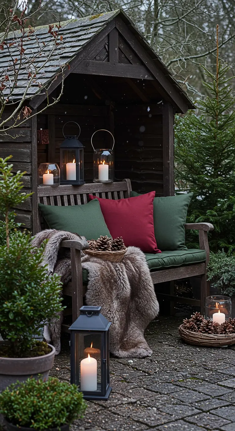 Houten bank in winterse kerstsfeer met plaids, kussens en lantaarns.