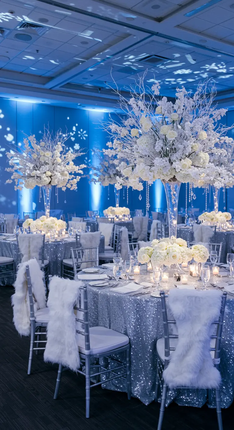 Winter Wonderland bruiloftsthema met zilver, wit, kristal en blauwe verlichting.