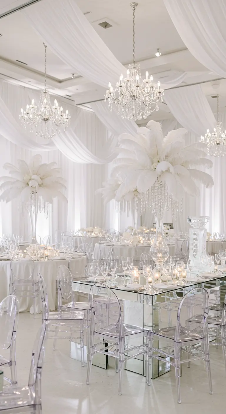 Elegante witte bruiloftsreceptie met grote veren centerpieces, kristallen en transparante stoelen.