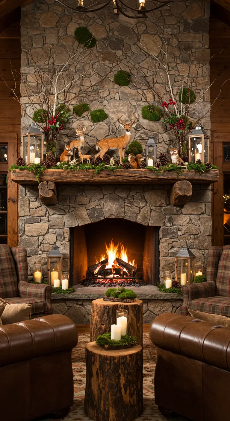 Rustieke stenen open haard met winterse bosdecoratie, inclusief dierenfiguren en lantaarns.