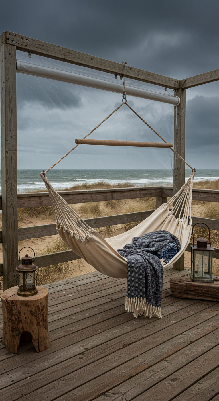 Crèmekleurige hangmat met donkerblauw plaid op houten vlonder aan zee, met lantaarns.