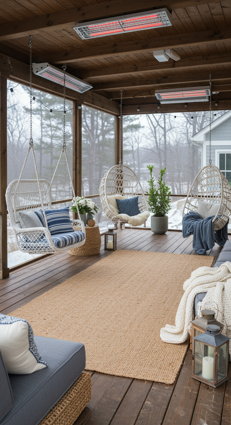 Ruime veranda met meerdere witte hangstoelen, vloerkleed en plafondheaters in winterse setting.
