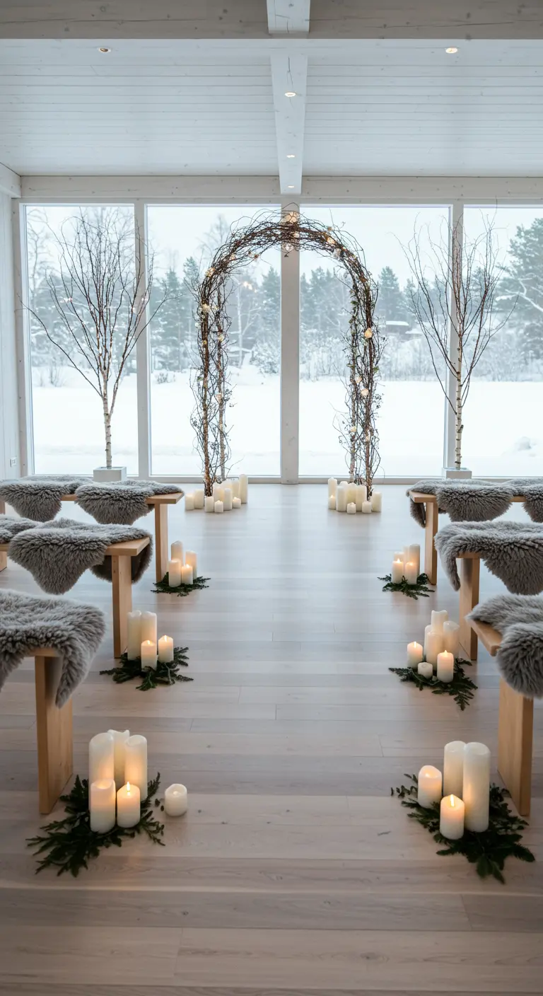 Winterceremonie met takkenboog, schapenvachtjes en veel kaarsen in minimalistische ruimte.