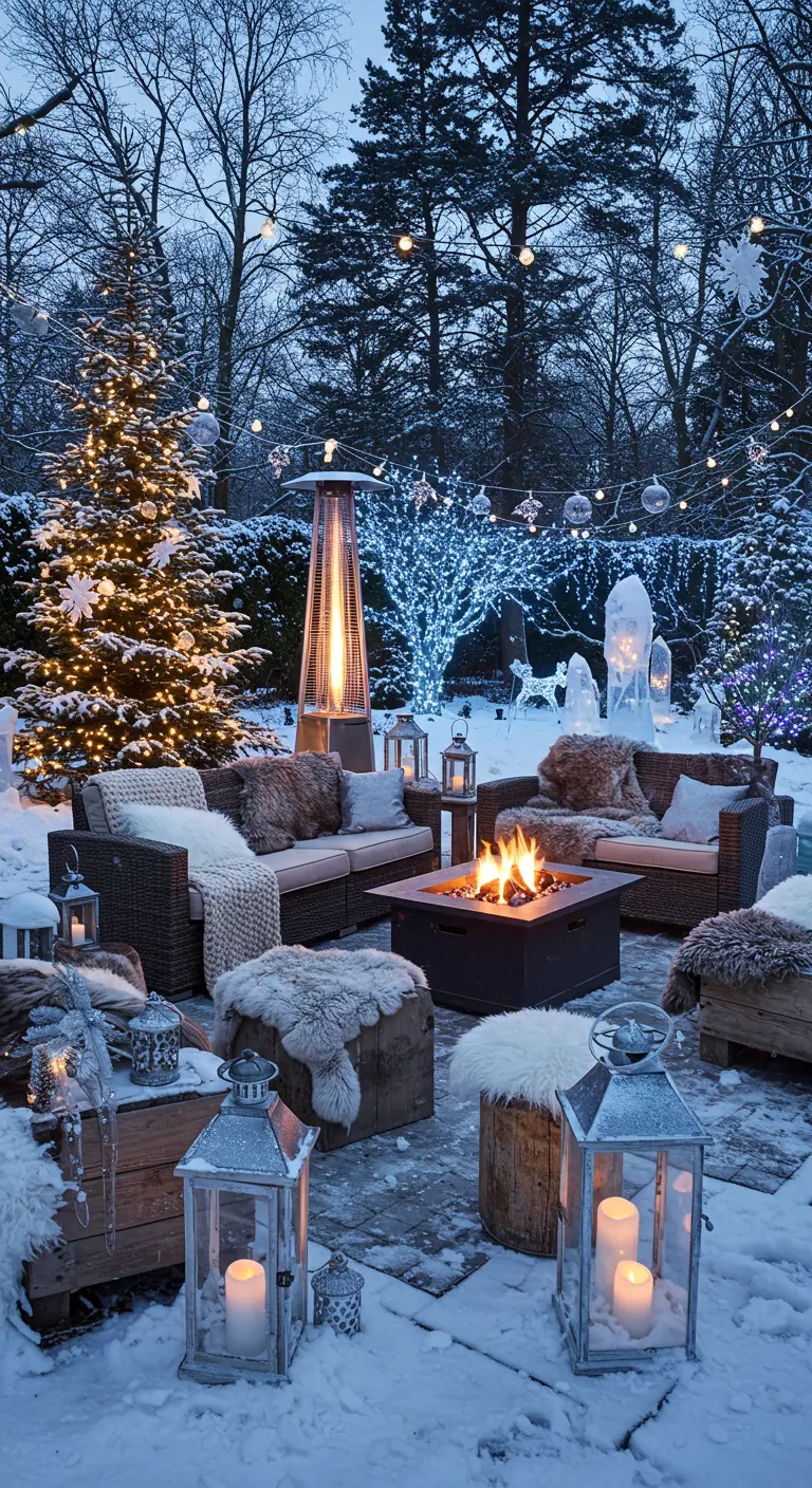 Winterse tuinsetting met loungebanken, vuurkorf, schapenvachten, lantaarns en kerstboom.