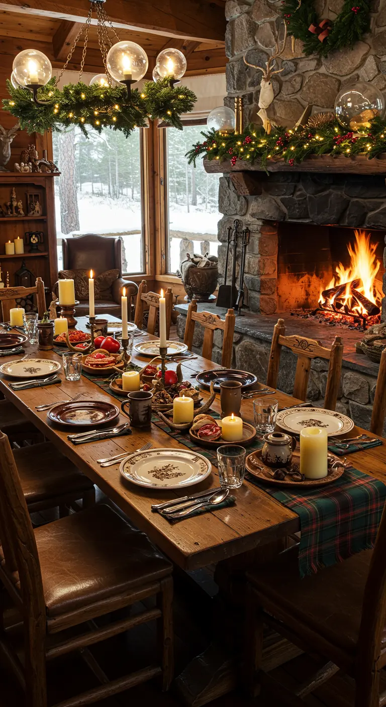Eetkamer met haardvuur, winterse decoratie en houten tafel met vintage borden.