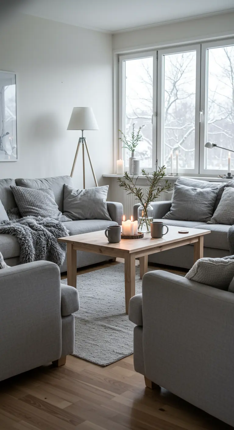 Lichte woonkamer in grijs en wit met houten tafel, kaarsen en winterse takken.