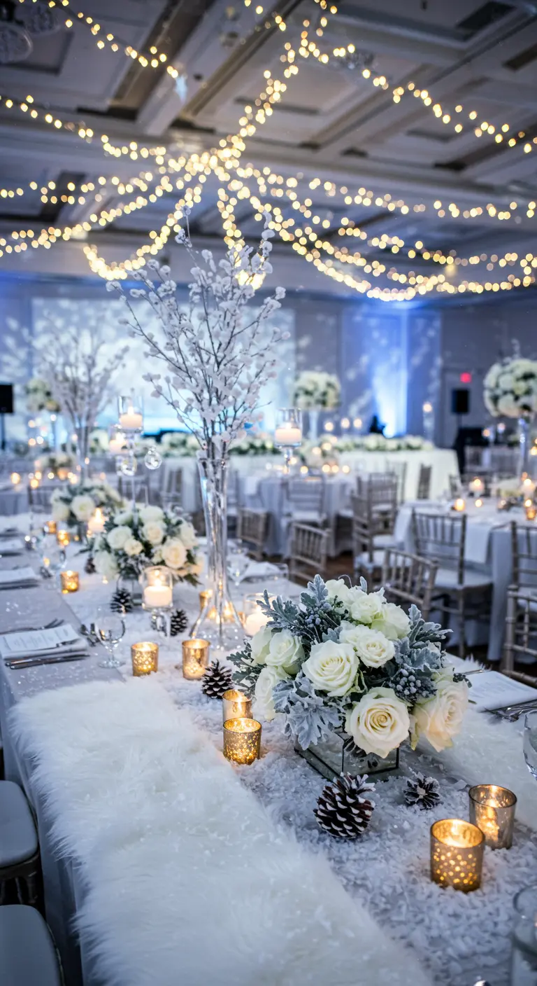 Winterse tafel met witte faux fur loper, witte rozen, dennenappels en veel lichtjes.