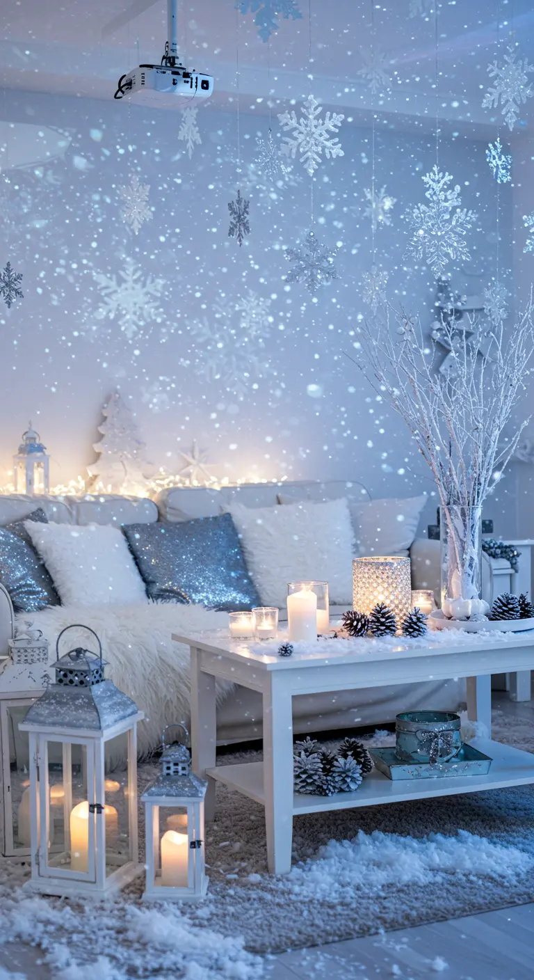 Woonkamer in winterthema met sneeuwvlokprojectie, witte decoratie en lantaarns.