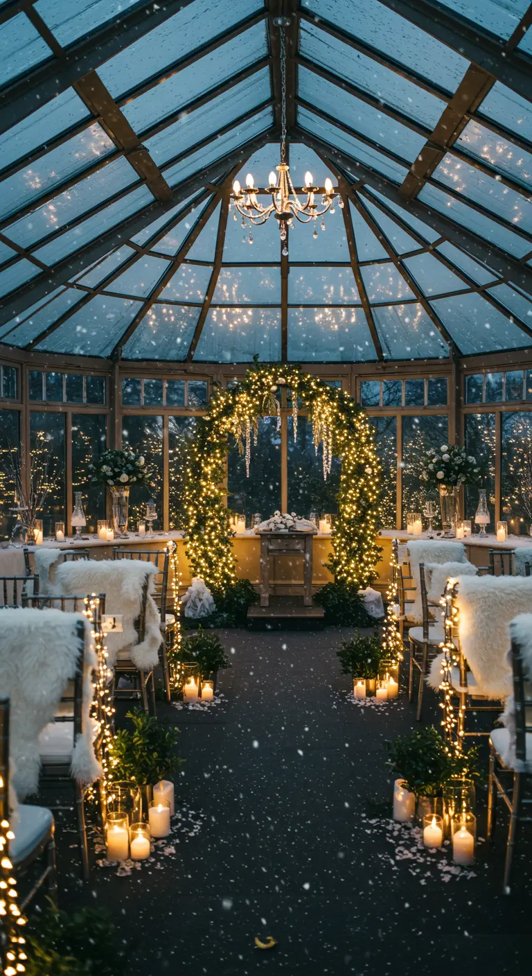 Winterse ceremonie-opstelling in kas met veel lichtjes en nepbont.