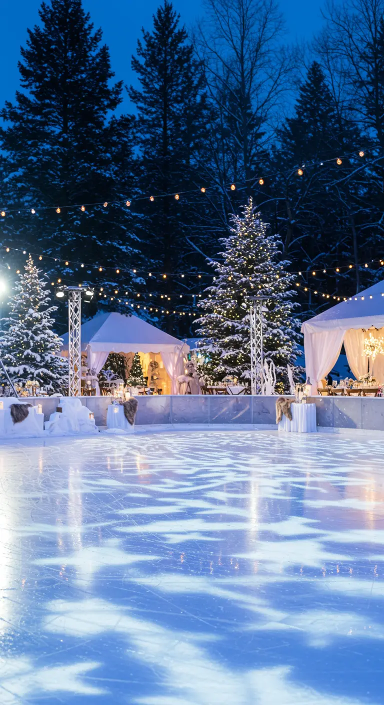 Winterbruiloft setting bij een verlichte ijsbaan met tenten en besneeuwde bomen.